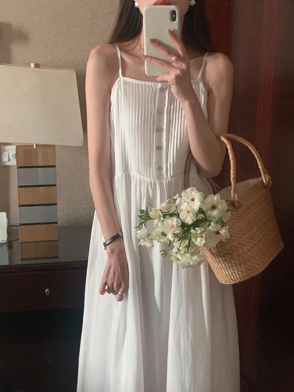 레이스 나시원피스 핀턱 화이트 뷔스티에 슬립 끈나시 롱원피스