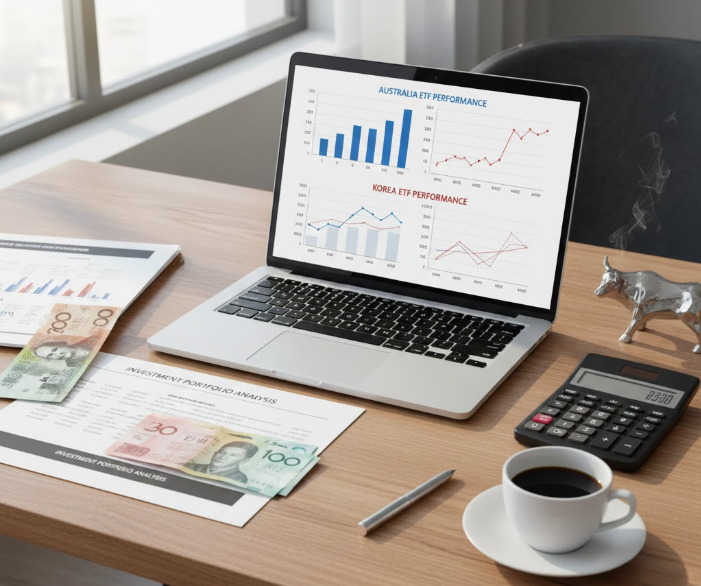 호주와 한국 ETF를 비교하는 금융 차트가 표시된 노트북과 계산기가 놓인 책상.