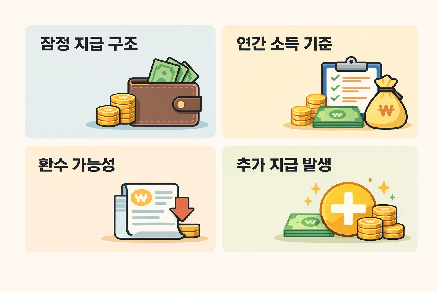 연간 소득 기준에 따른 환수 가능성과 추가 지급 발생 조건을 정리한 이미지