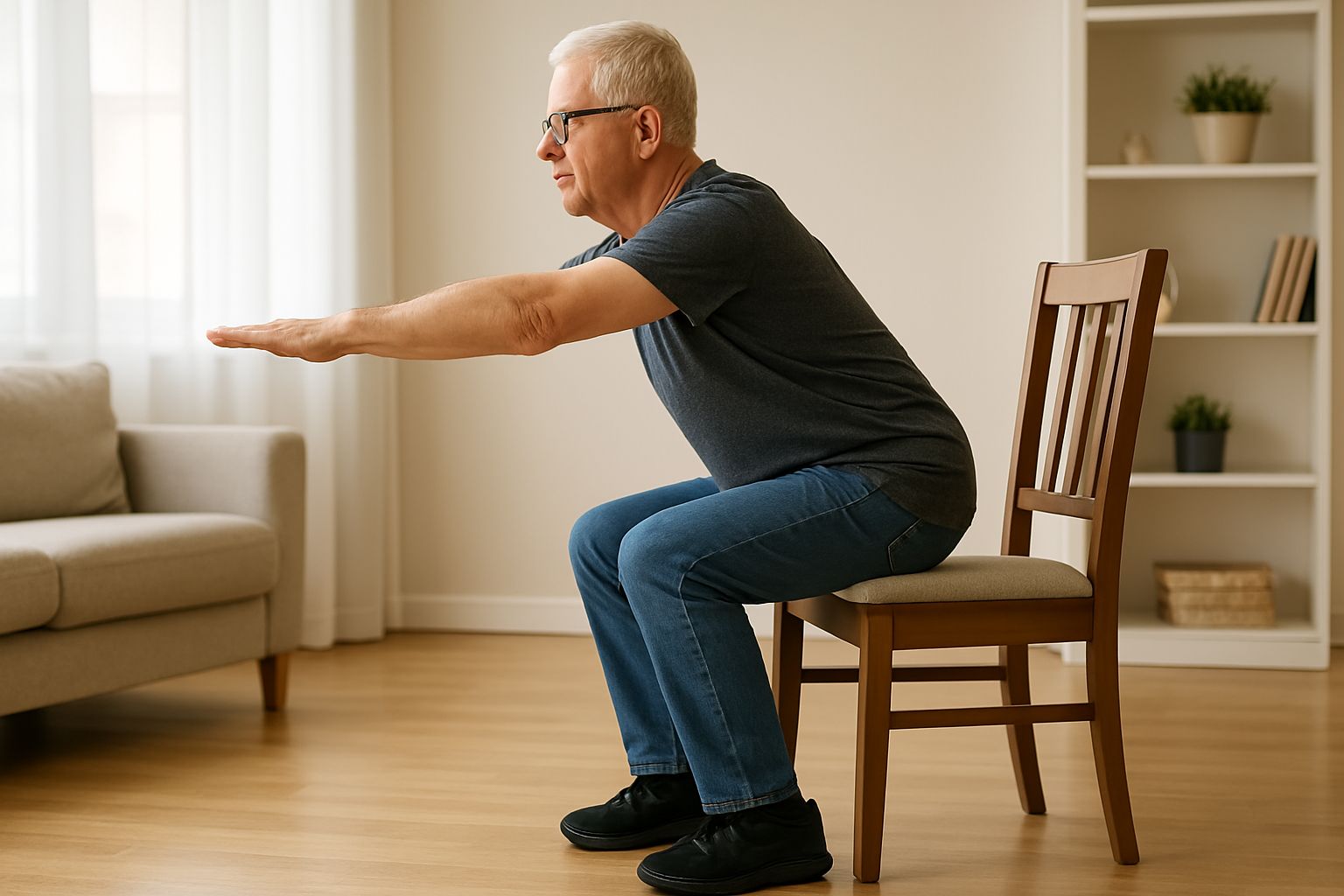 의자를 사용해 앉았다 일어나기 운동을 하는 시니어의 옆모습, 하체 근력 강화와 균형 개선을 위한 운동법