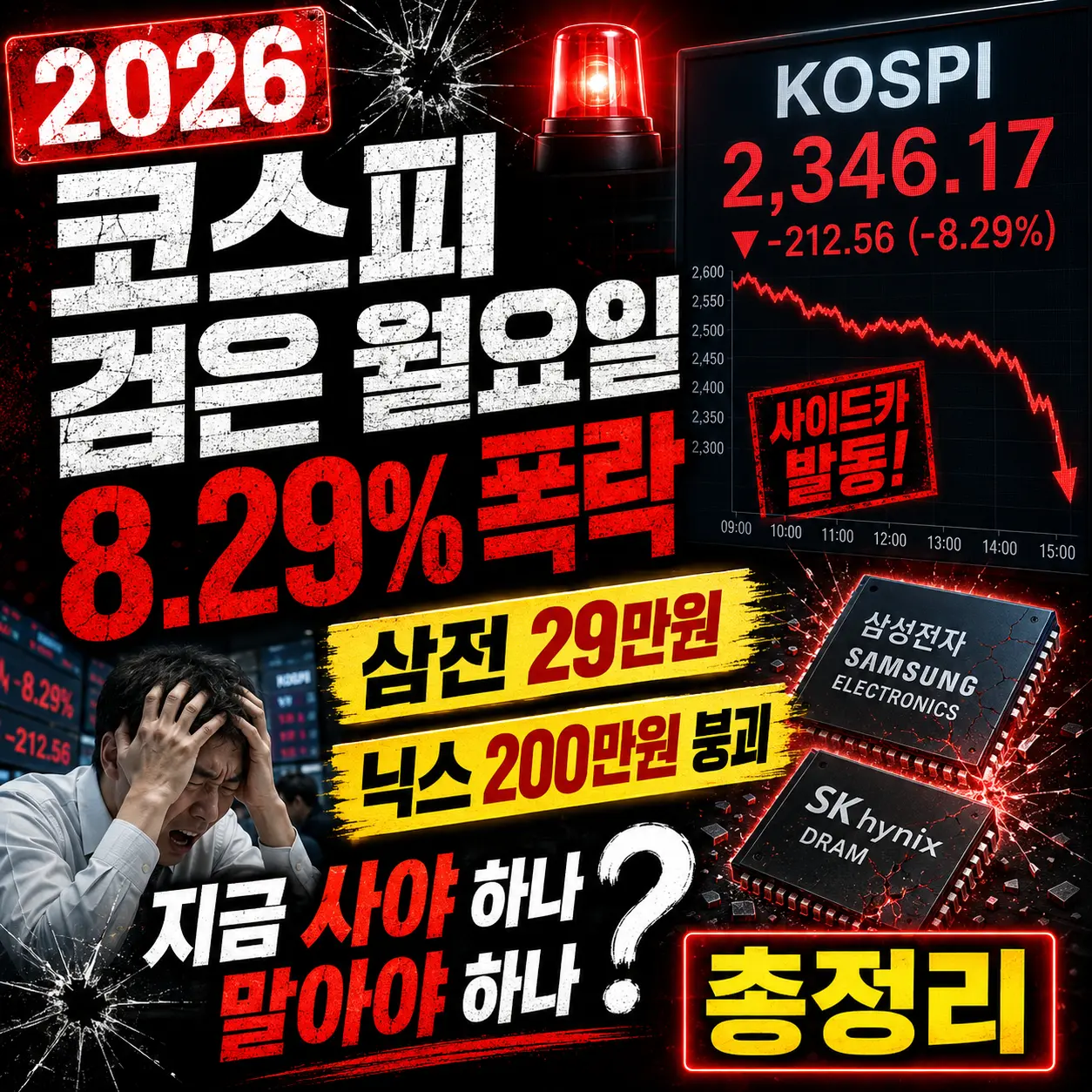 코스피 검은 월요일 8.29% 폭락 — 삼전 29만원·닉스 200만원 붕괴·지금 사야 하나 말아야 하나 총정리 2026