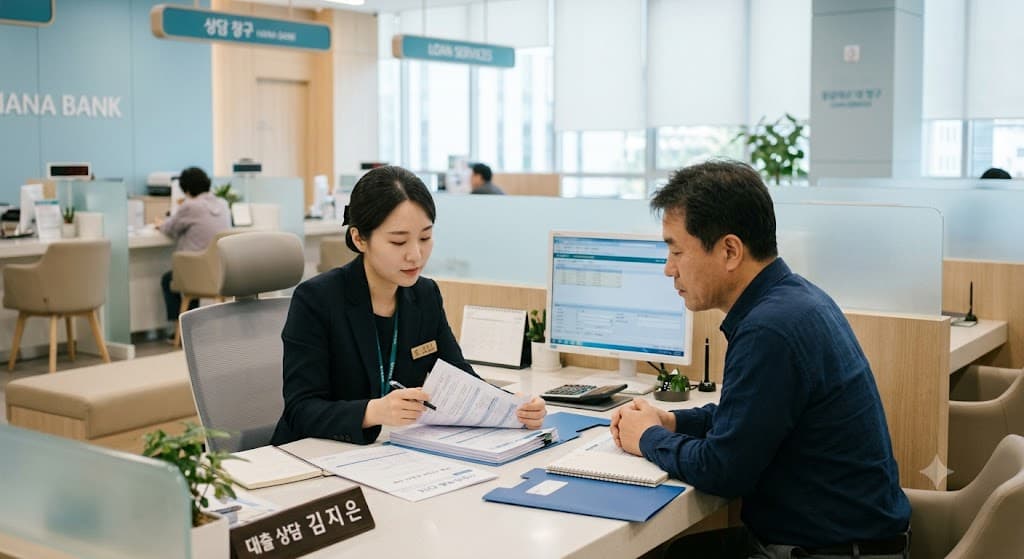 은행 창구에서 대출 서류를 검토하는 장면, 파스텔 블루 색감, 차분한 분위기, 실사 느낌, 텍스트 없음