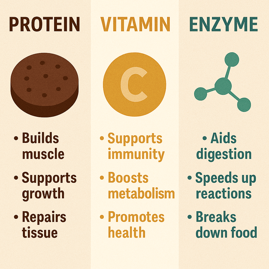 단백질, 비타민, 효소의 기능 비교해서 나타낸 이미지