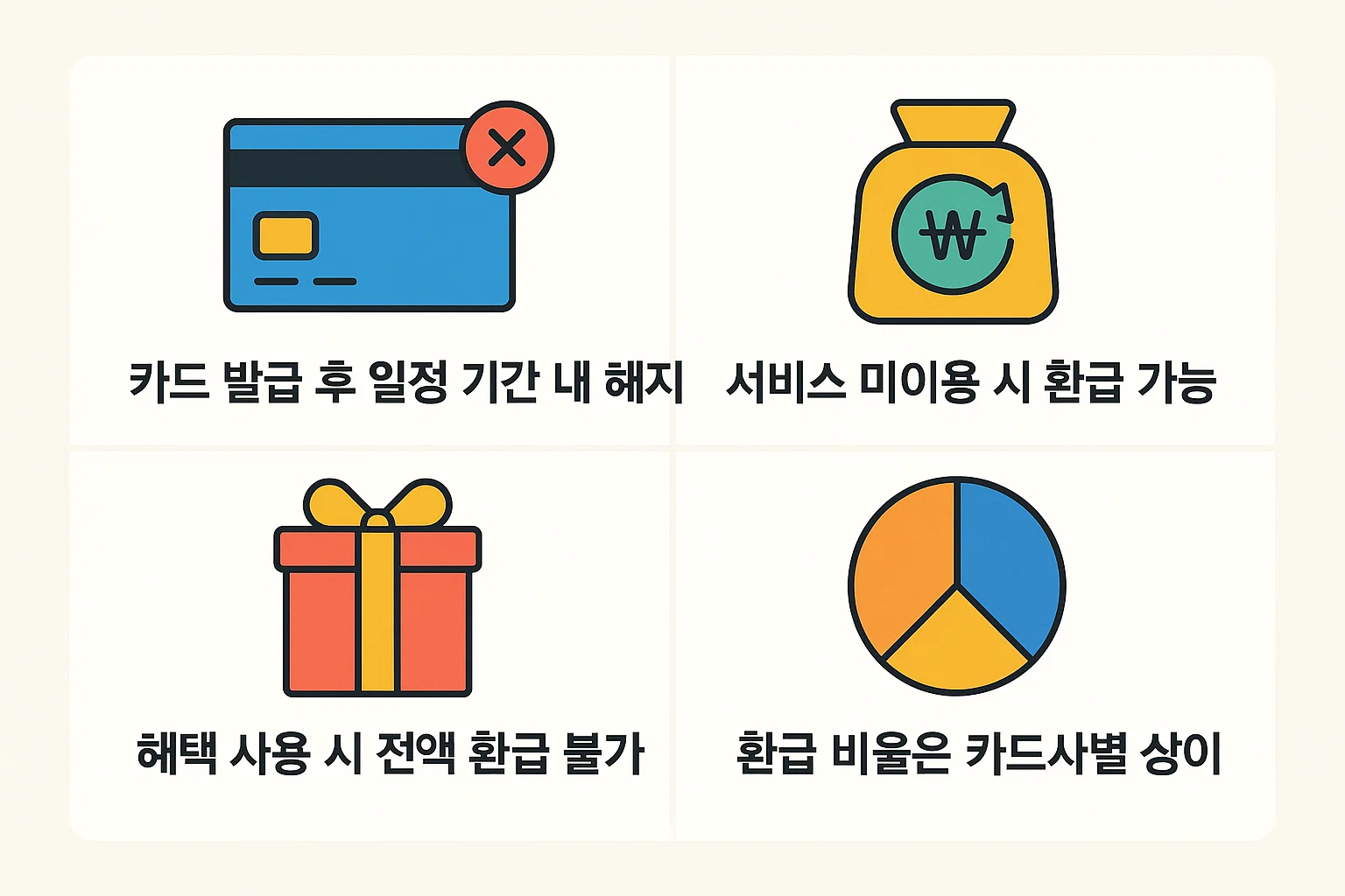 카드 발급 후 일정 기간 내 해지 시 환급 가능, 서비스 미이용 시 환급 가능 등 주요 환급 조건과 카드사별 비율 차이를 설명한 인포그래픽입니다.