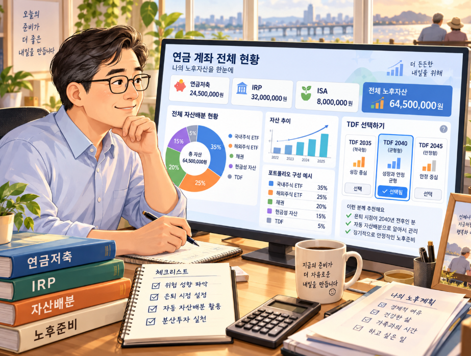 연금 계좌 전체를 한눈에 점검하며 자산배분과 TDF를 고르는 모습