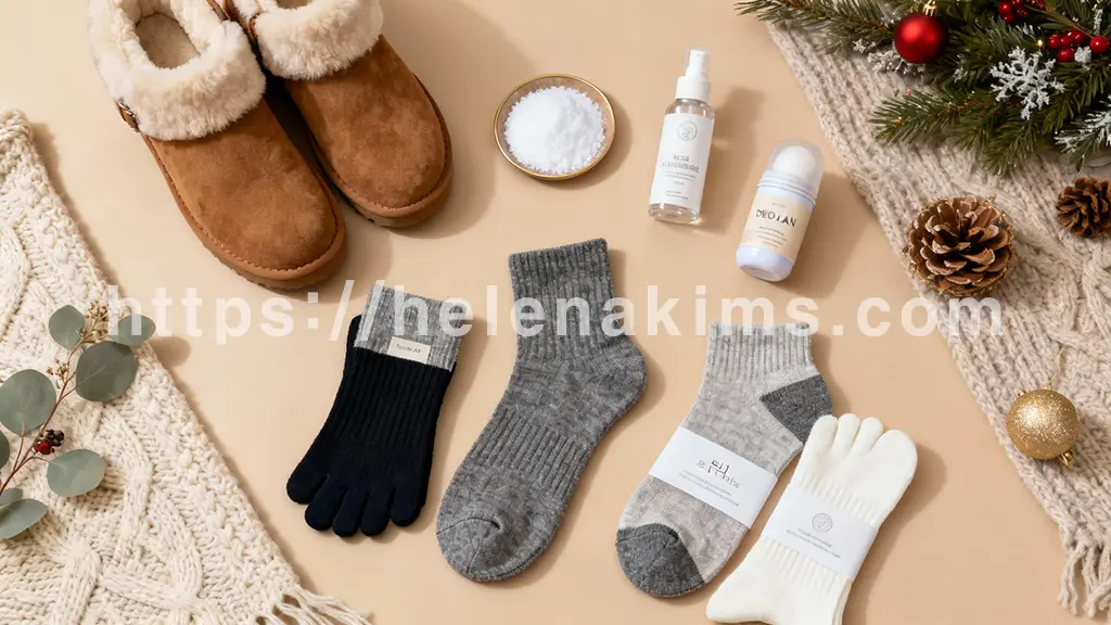 발 다한증 관리에 필수적인 다양한 아이템들이 깔끔하게 정돈된 플랫레이(flat lay)로 배치되어 있다. 통기성 좋은 기능성 겨울 신발 한 켤레, 땀 흡수 및 건조 기능이 뛰어난 양말들(발가락 양말 포함), 그리고 따뜻하고 부드러운 극세사 수면양말이 눈에 띈다.