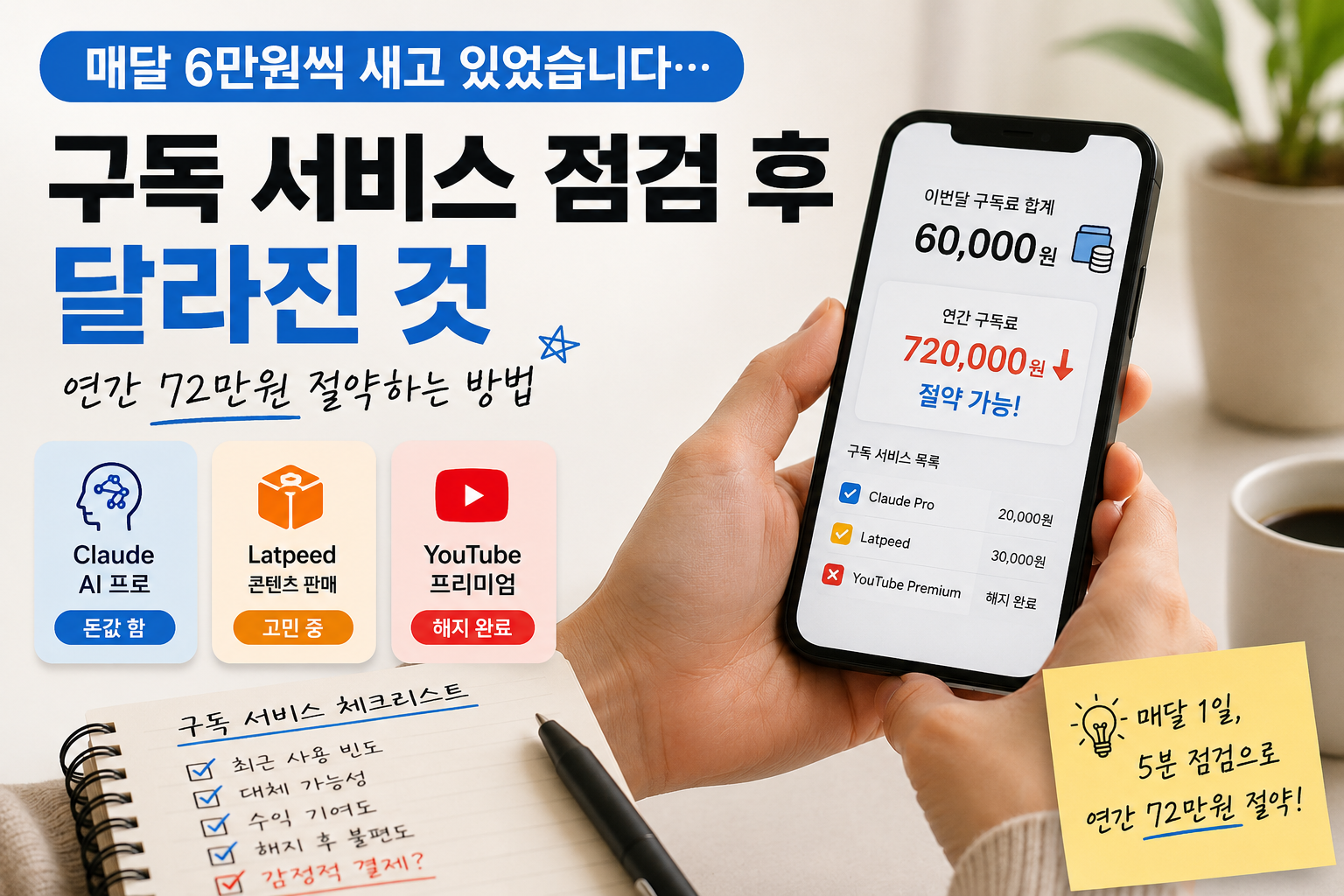 월 6만 원의 구독료를 점검해 연간 72만 원을 절약하는 방법을 보여주는 구독 서비스 관리