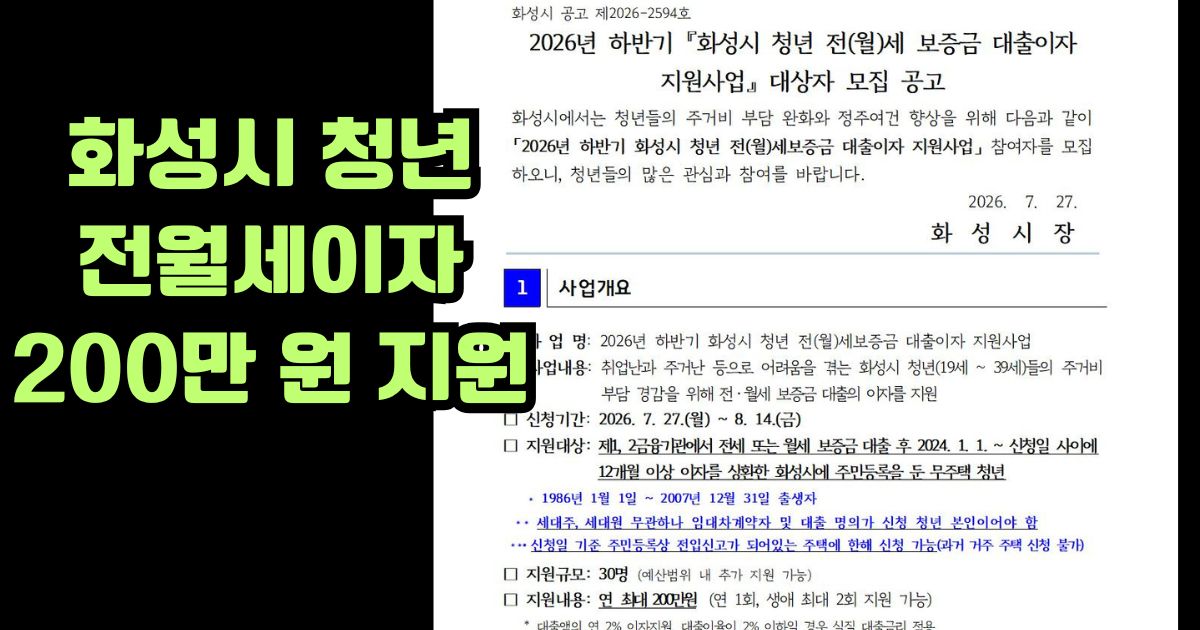 화성시 청년 전월세 이자 공고문