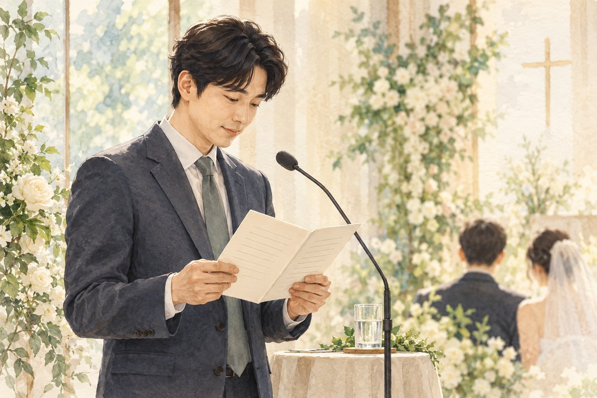 기도문 소책자와 마이크를 점검하는 결혼예배 낭독자