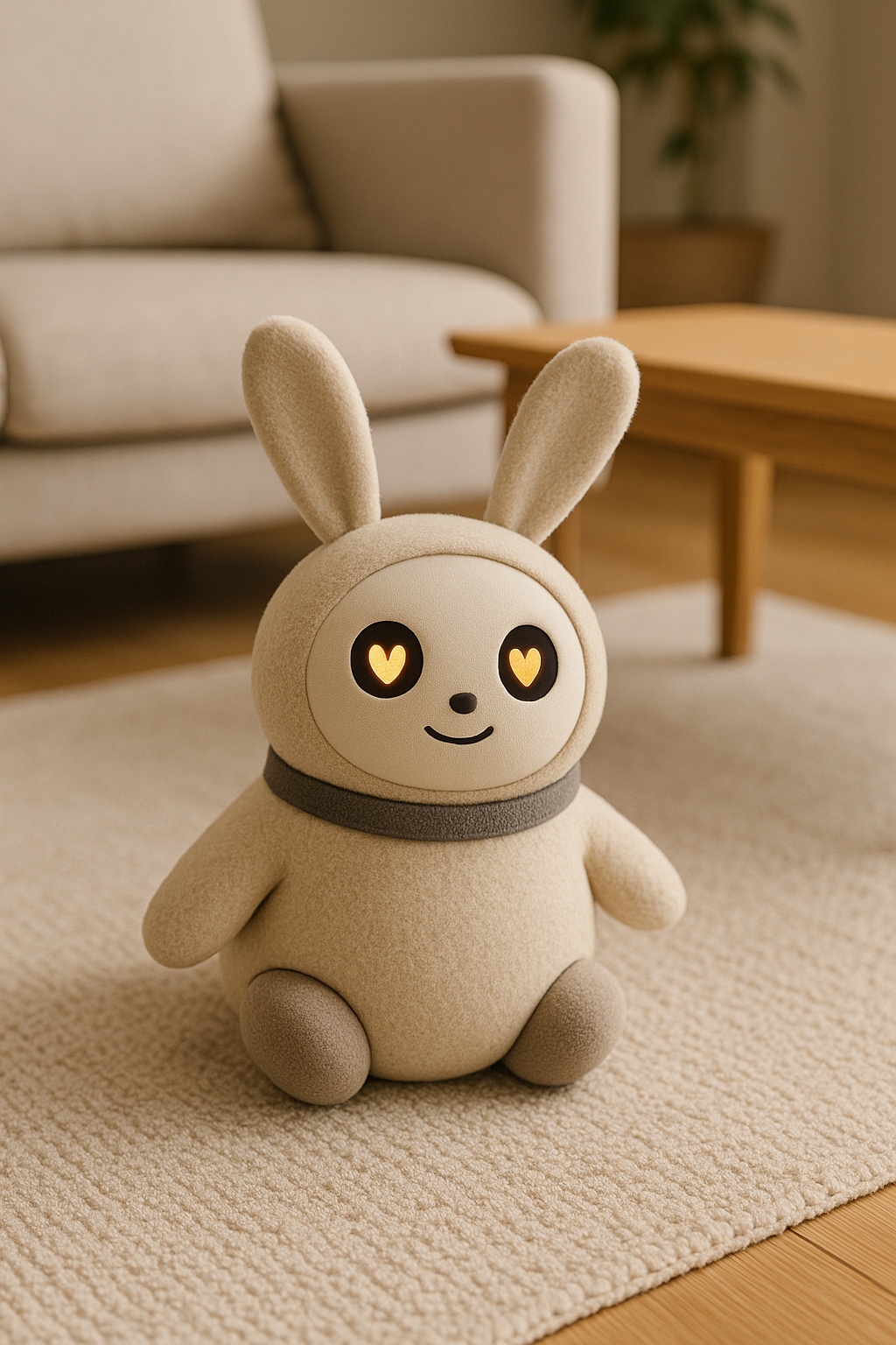 귀여운 외형의 로봇이 거실 공간 앞에 서 있고, 주변 모니터에 인테리어 제안 화면이 출력되는 모습