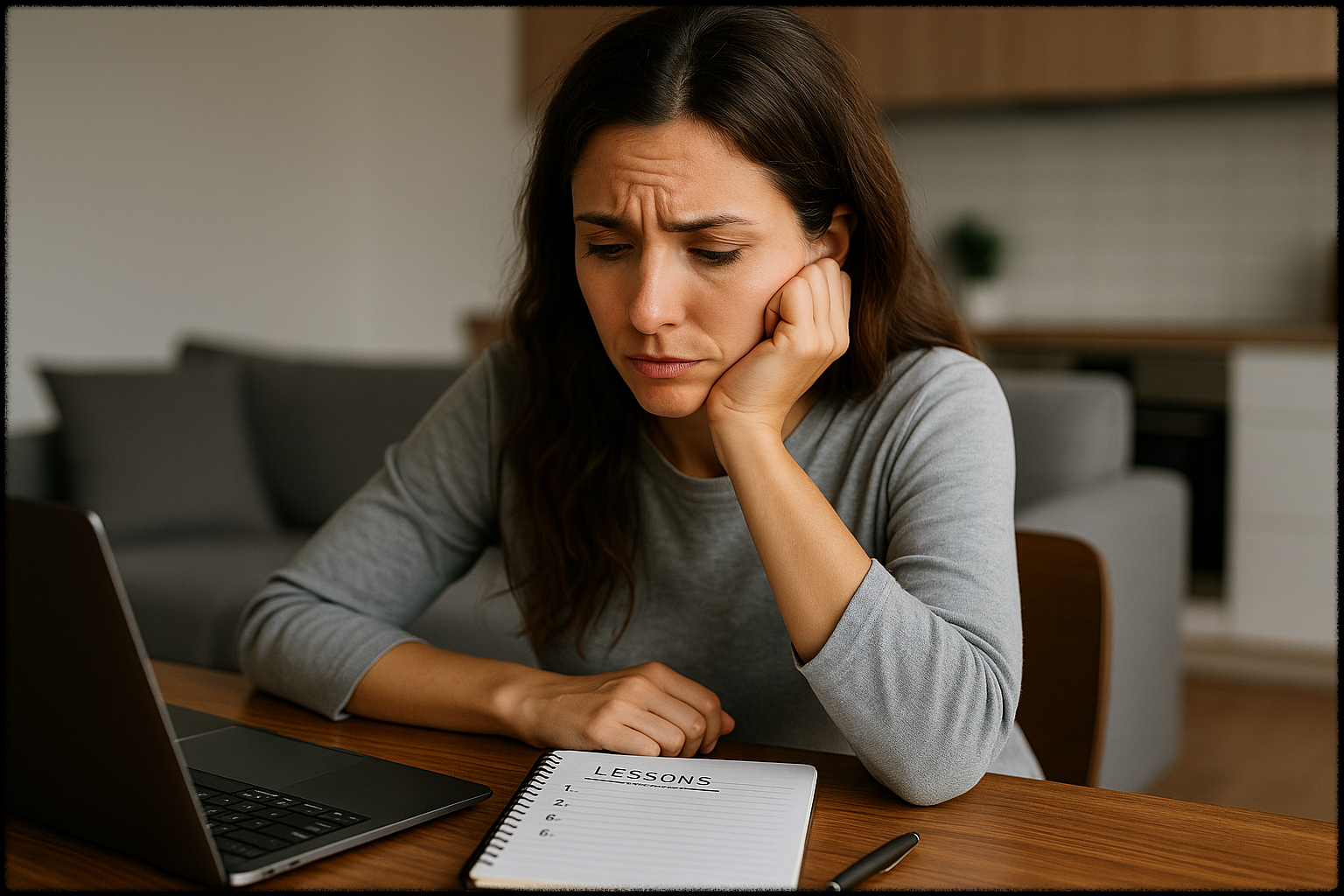부업 실패에서 얻은 교훈을 메모하며 생각에 잠긴 여성