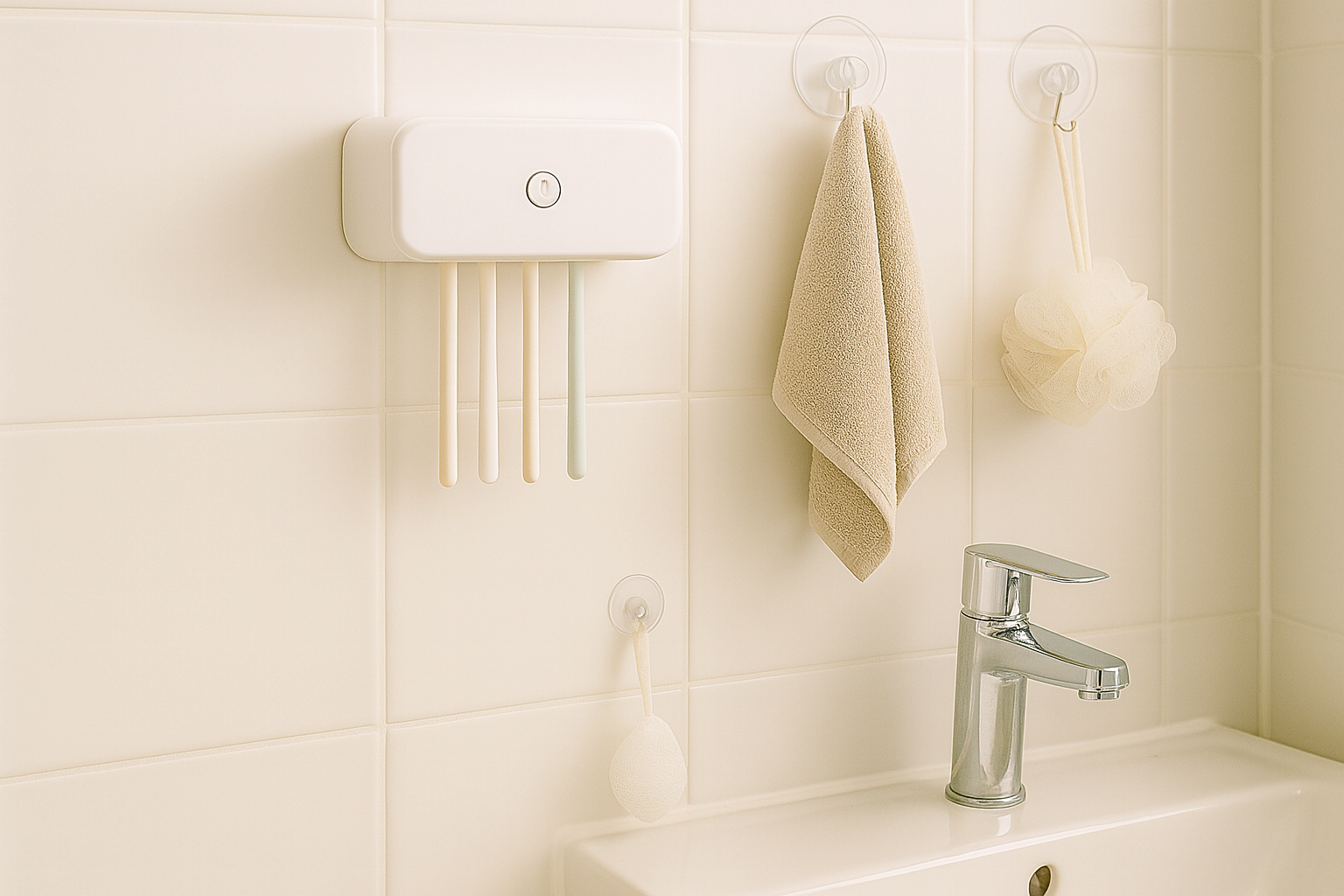 벽걸이 칫솔 살균기와 흡착식 걸이에 걸린 욕실 용품