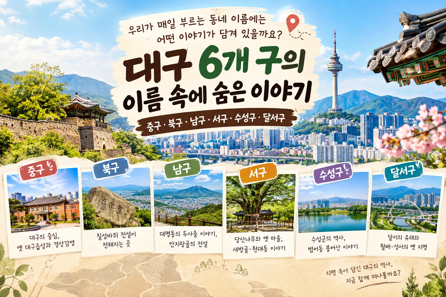 대구광역시 6개 구의 지명 유래와 전설을 소개하는 썸네일. 중구의 옛 대구읍성, 북구의 칠성바위, 남구의 대명동과 안지랑골 이야기, 서구의 당산나무와 옛 마을, 수성구의 역사, 달서구의 월배와 성서 지명을 그림과 함께 표현한 이미지.