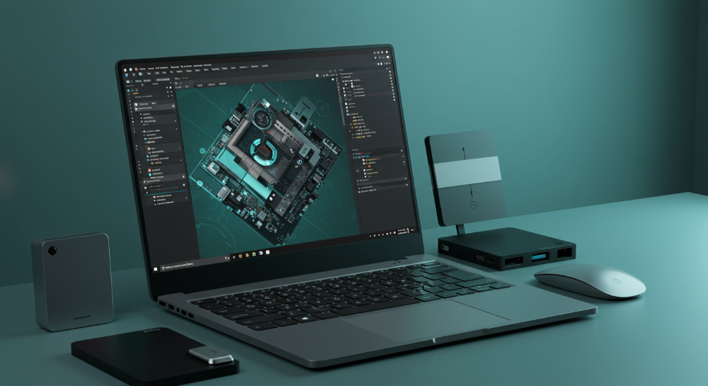 깔끔한 작업 공간에서 창의적인 디자인 소프트웨어를 실행 중인 17인치 노트북과 주변기기들