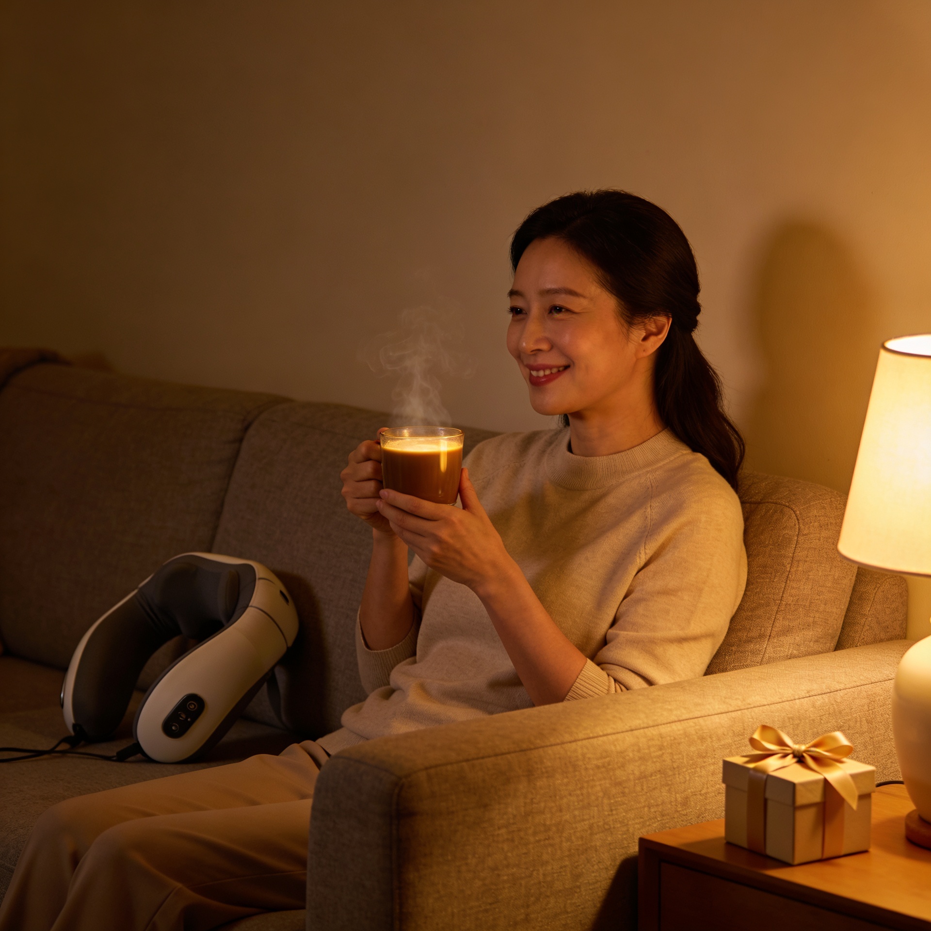 30대 한국인 워킹맘이 아이를 재운 후 혼자 소파에 앉아 따뜻한 커피를 마시며 미소 짓고 있다. 옆 탁자에는 목 마사지기와 리본 달린 작은 선물 상자가 놓여 있다. 저녁 무드등 빛 아래 자연스러운 행복감이 느껴지는 사진.