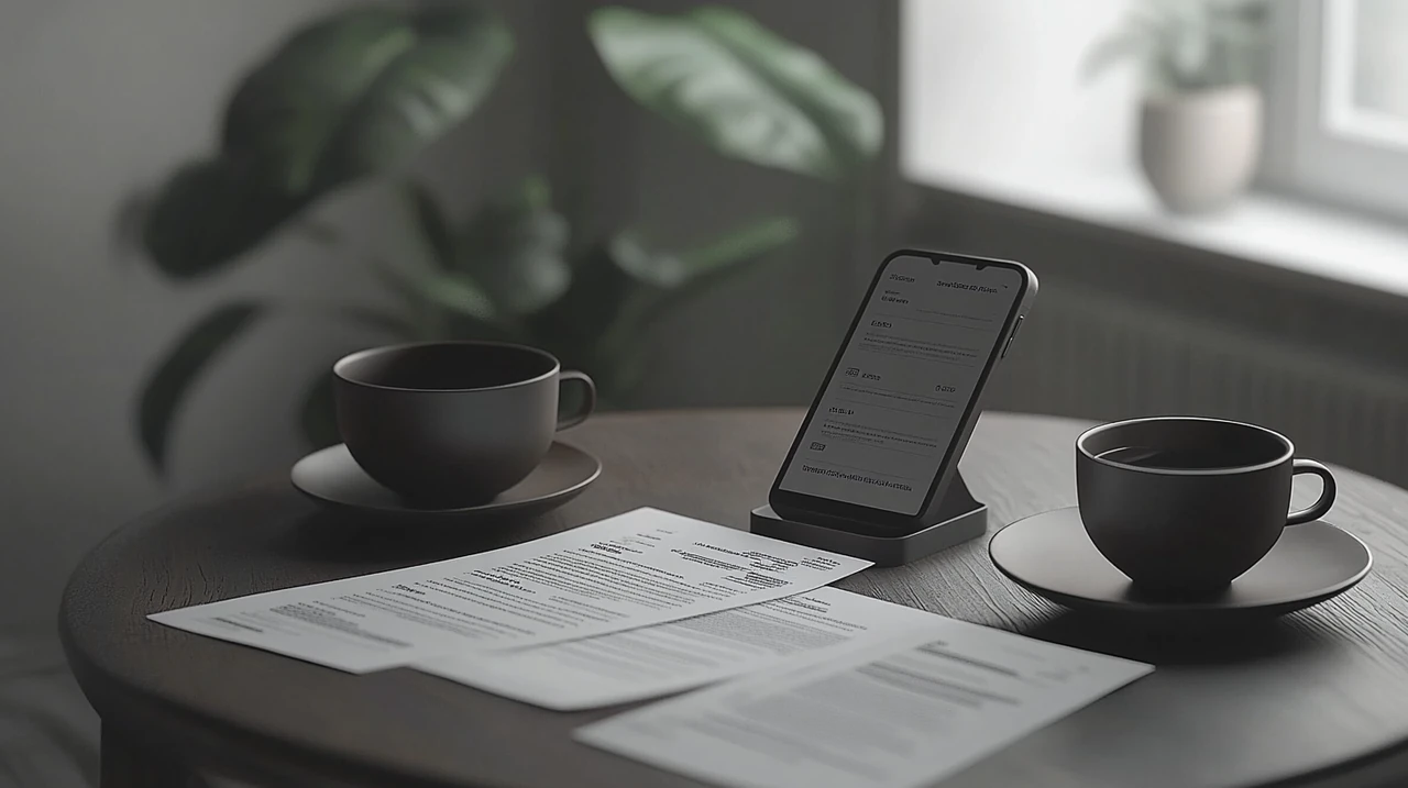 ETF 팩트시트와 리밸런싱 앱을 활용해 FIRE족 분산 투자 전략을 계획하는 편안한 테이블 환경, 재테크 및 자산관리 최적화, 스마트폰과 문서로 효율적인 포트폴리오 관리