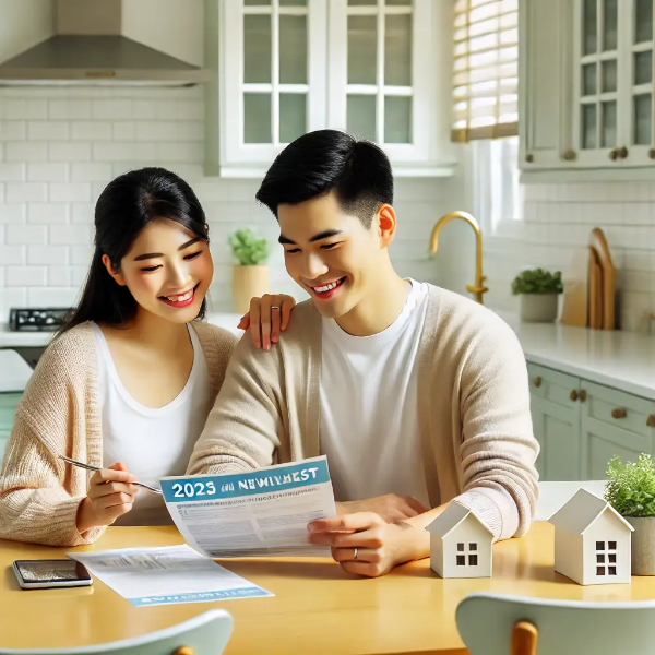 주택대출 혜택 서류를 함께 검토 중인 동양인 신혼부부