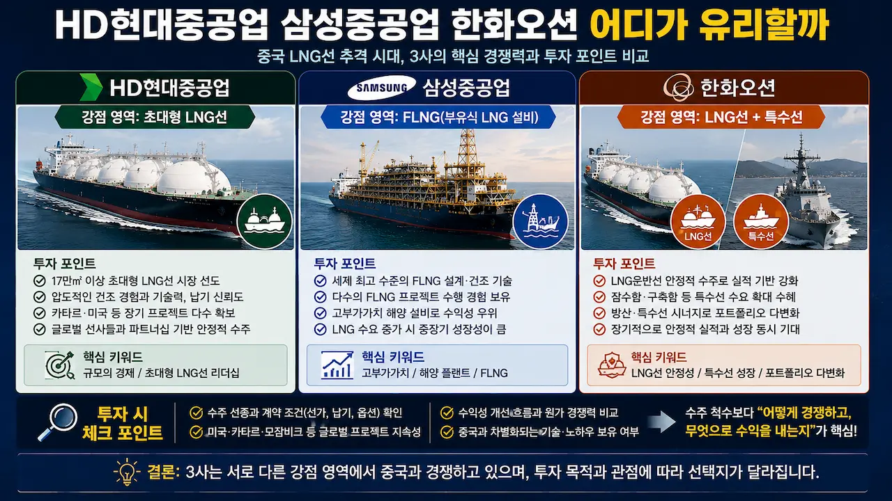 중국 LNG선 추격 상황에서 HD현대중공업 삼성중공업 한화오션의 투자 포인트를 비교한 이미지