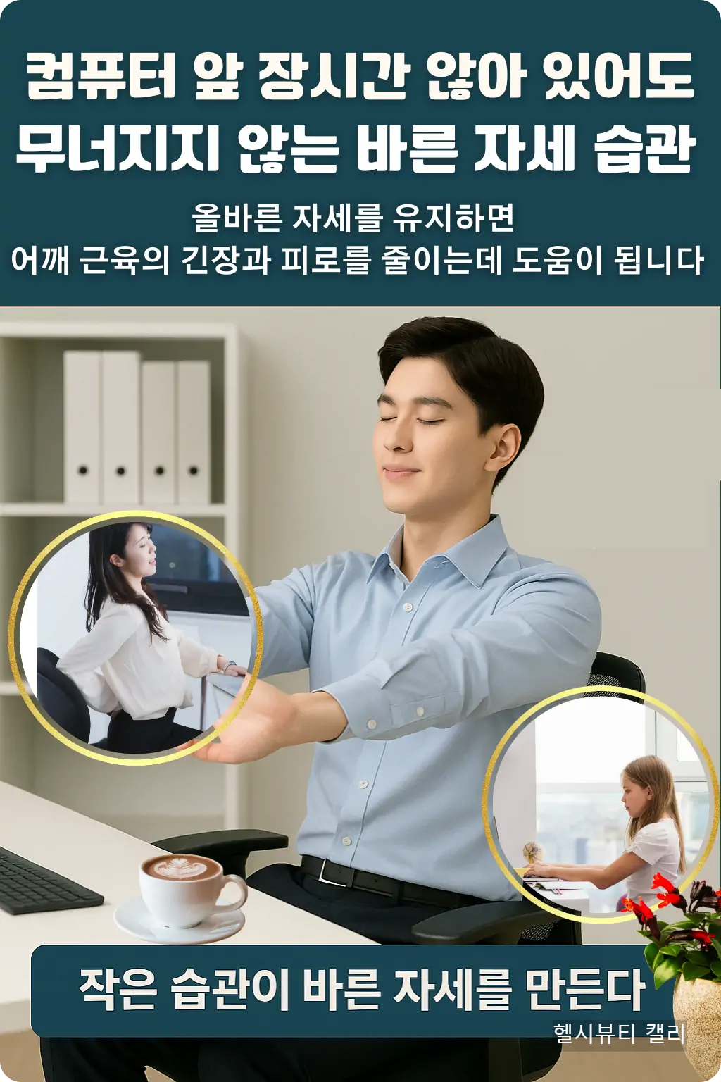 남성이 바른 자세로 앉아 스트레칭하는 인포그래픽