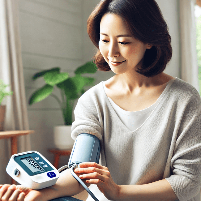 혈압을 재고 있는 중년 여성 모습