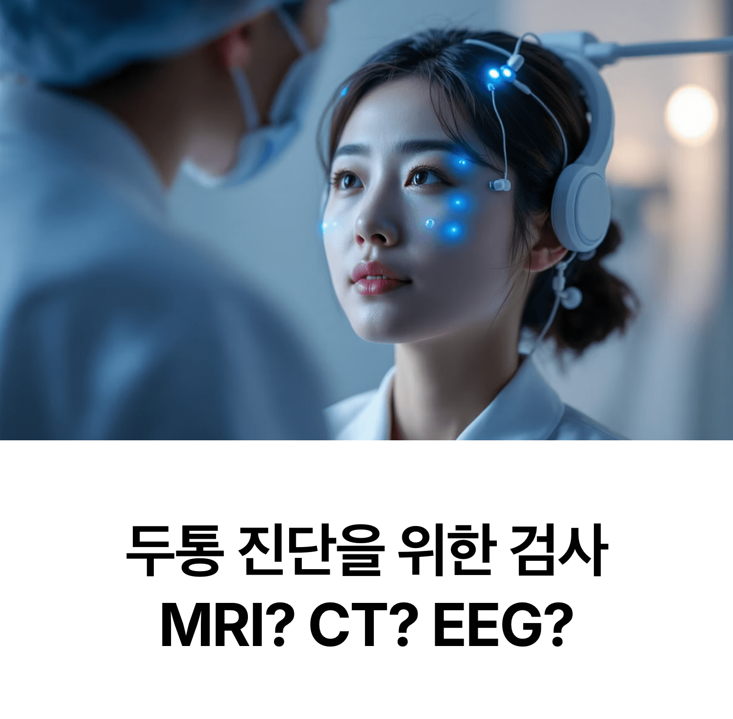 머리에 뇌파 검사(EEG)를 위한 전극을 부착한 한국인 환자, 이를 모니터링하는 의료진, 차분한 임상 환경