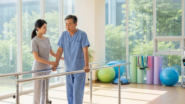 수술 후 보행 연습을 하는 환자와 물리치료사 모습을 담은 일러스트