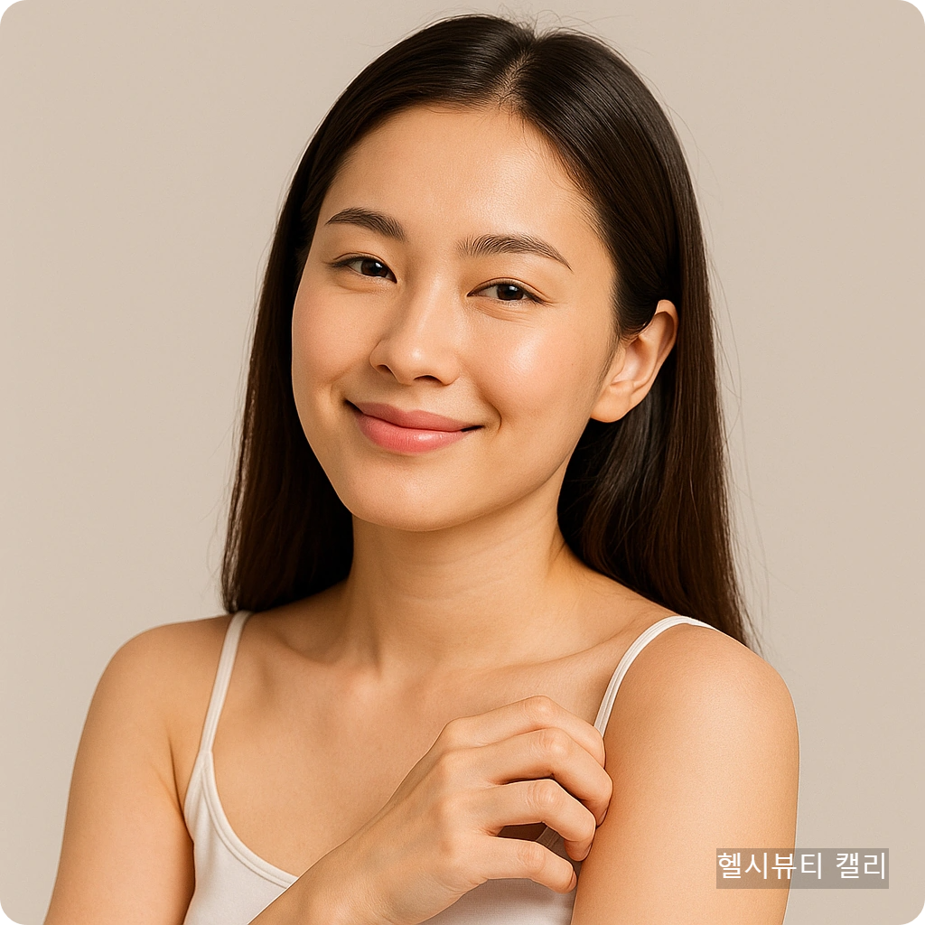 피부를 살짝 긁으며 시크하게 웃는 여성의 밝고 깨끗한 클로즈업 이미지