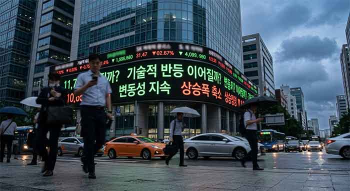여의도 증권가 전광판에 주가 지수 및 기술적 반등 문구가 떠 있는 모습입니다.