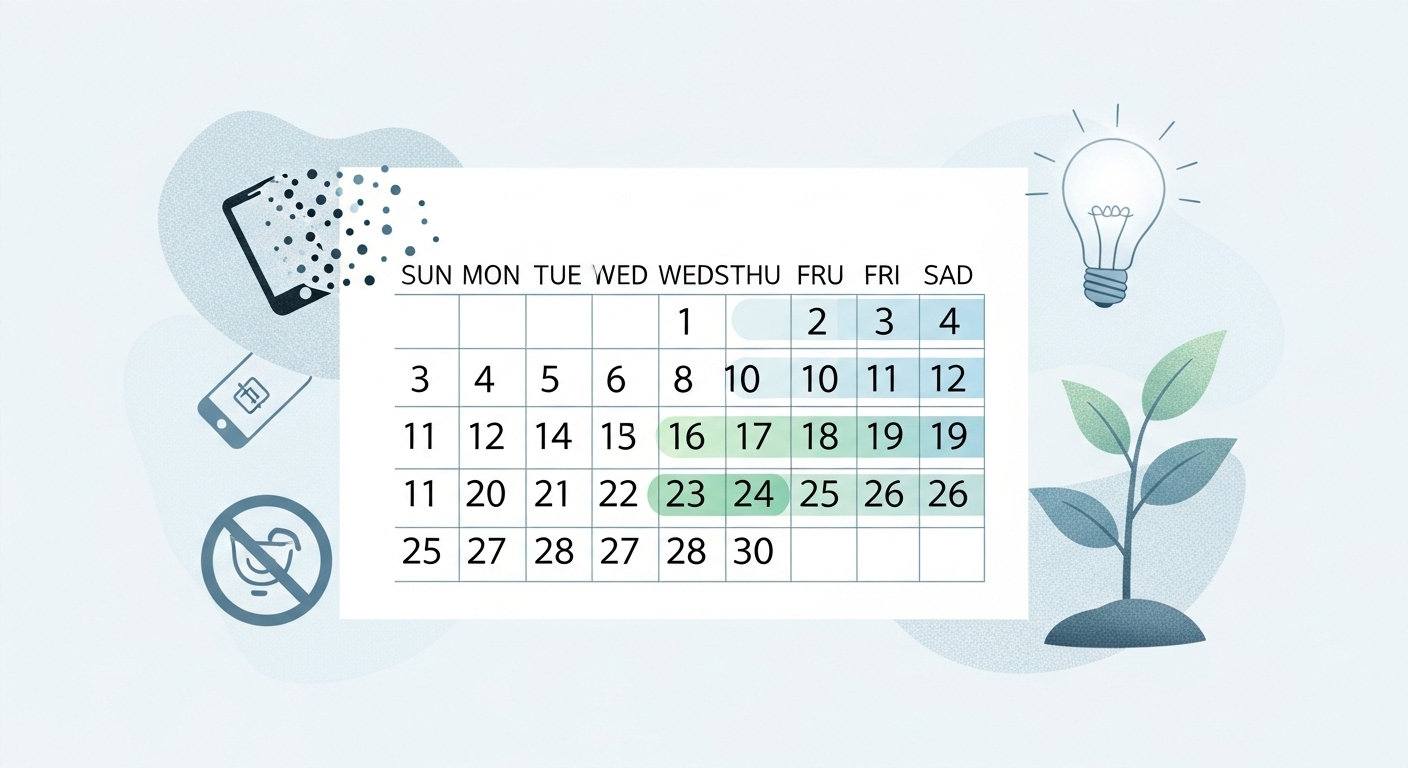 1주차부터 4주차까지 주차별 미션이 표시된 30일 플래너 이미지. 디지털 기호가 줄어들고 식물이나 전구 아이콘이 성장하는 모습으로 변화를 표현.