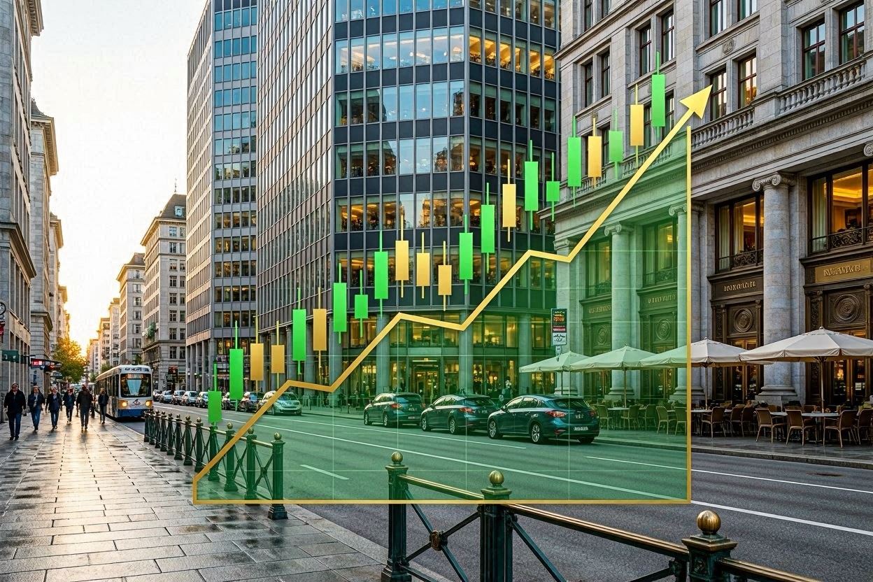 A high-end financial graphic showing upward trending stock market charts overlaying a modern global financial district.