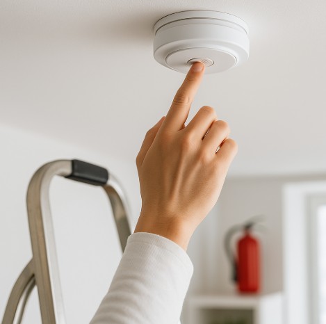 주택용 화재경보기 테스트 버튼을 누르는 모습(천장 부착 예시)