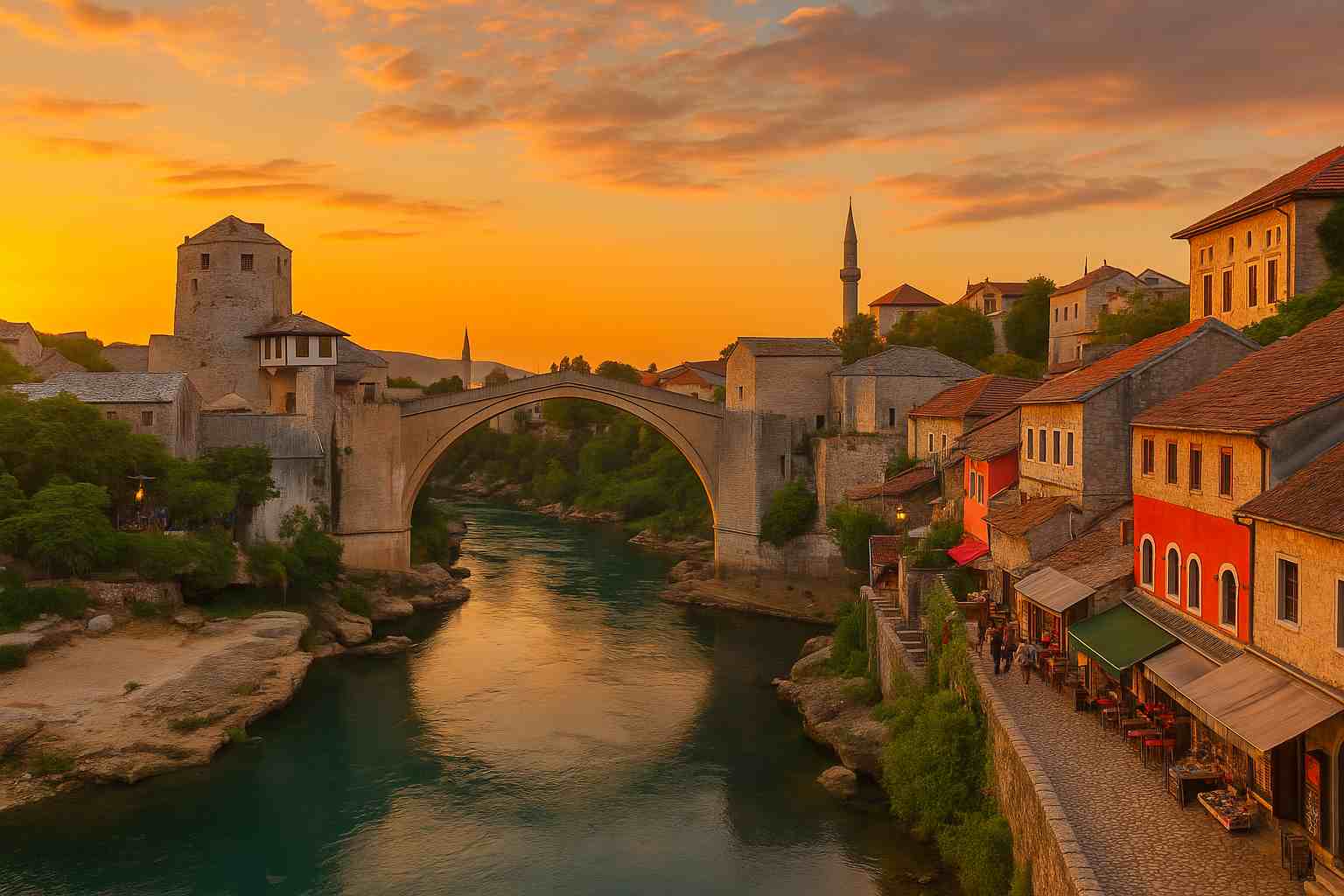 모스타르의 스타리 모스트 다리와 네레트바 강, 석양 아래 구시가지가 어우러진 황금빛 풍경
