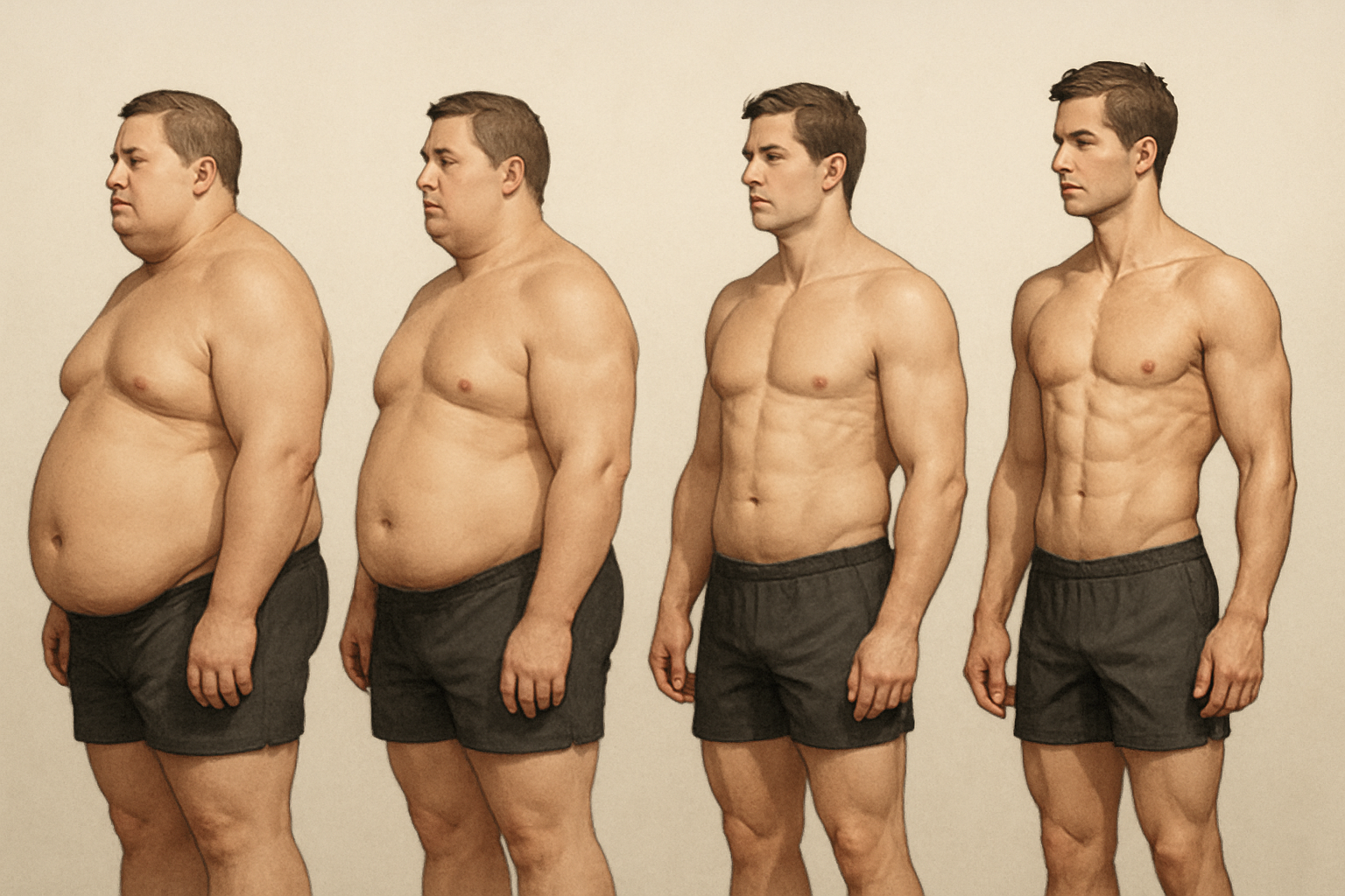 체지방 30프로부터 12프로까지의 4단계의 몸의 변화 일러스트