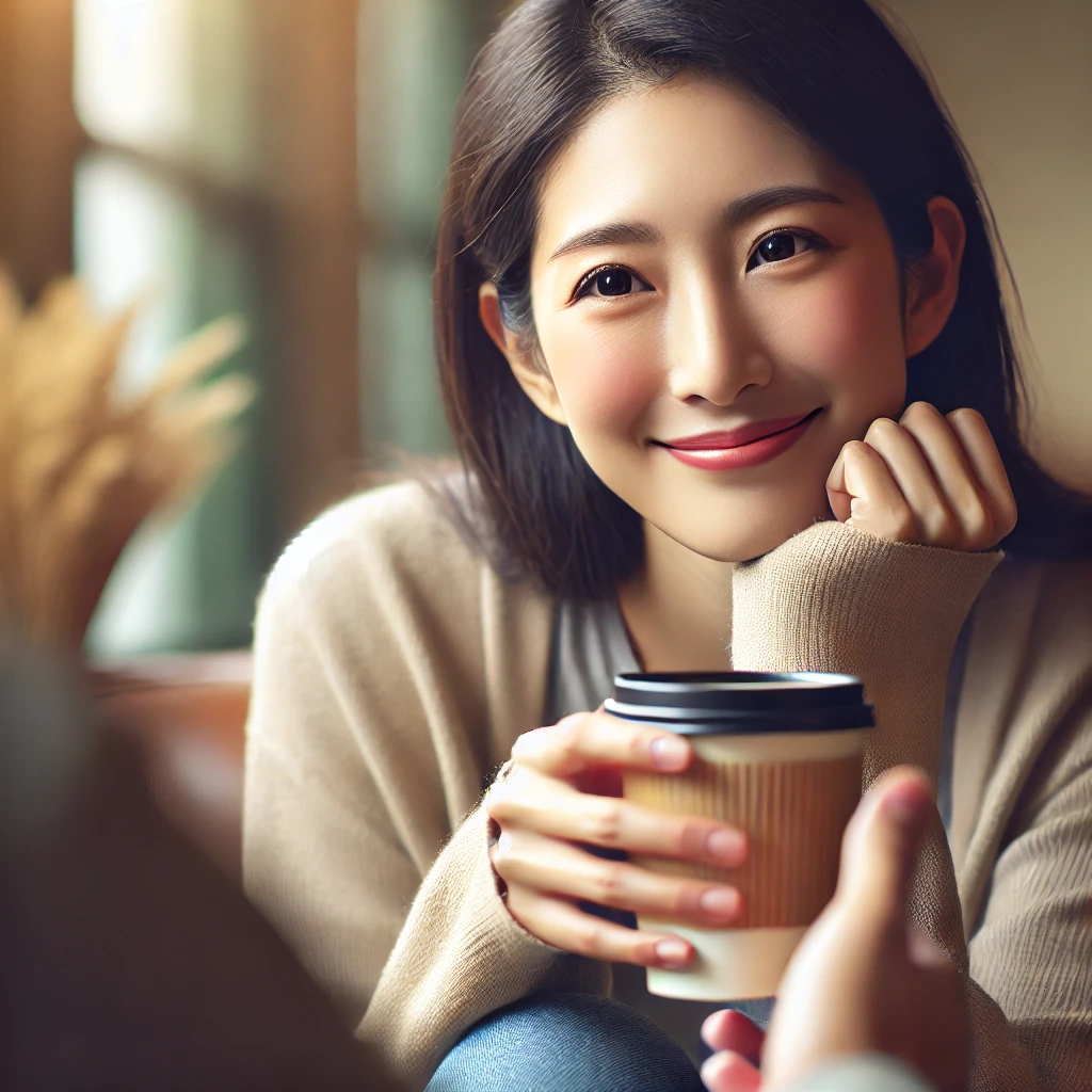 커피를 마시며 상대방과 눈을 맞추고 편안한 미소를 짓는 사람