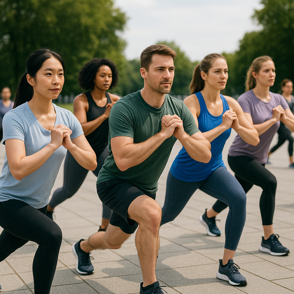 단체로 야외 운동을 하는 한국 사람들, 낮 시간에 코트 위에서 런지 자세를 맞춰 수행 중인 모습