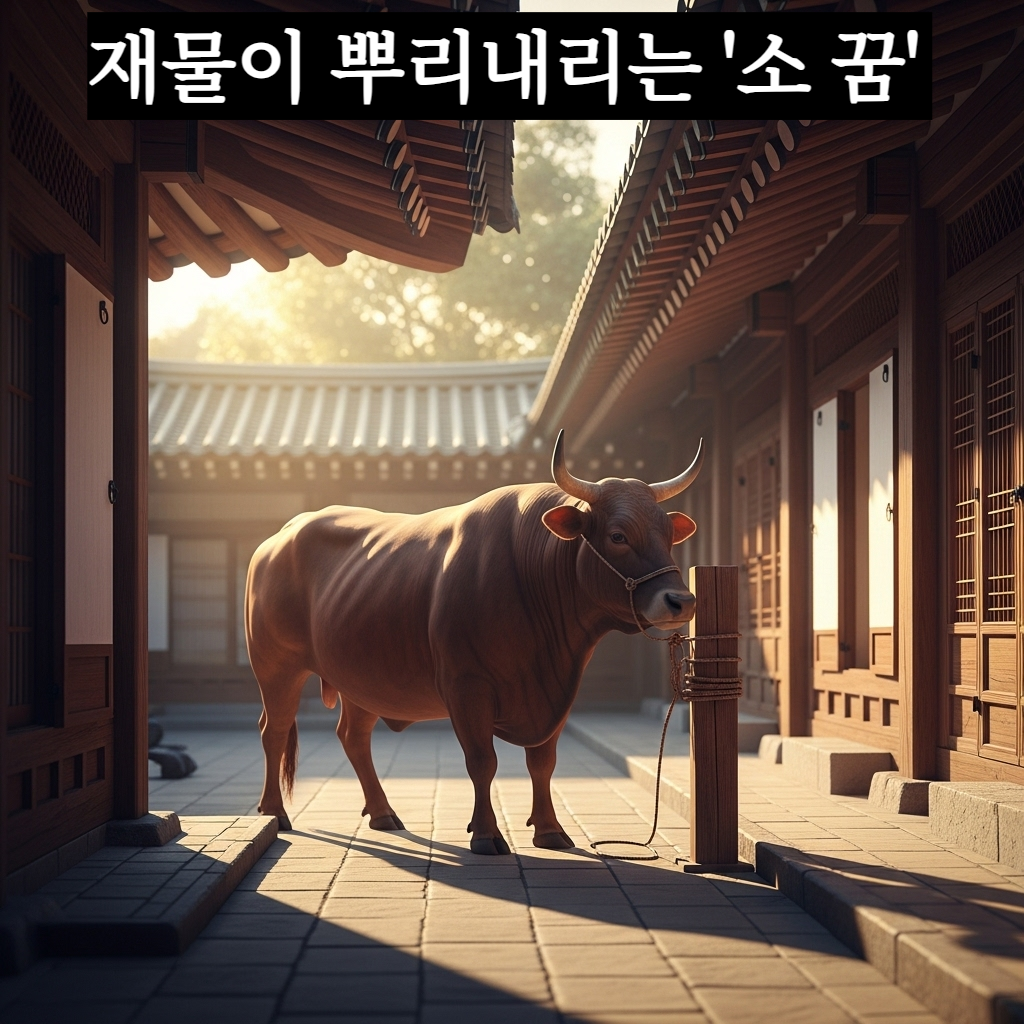 따스한 햇살이 비치는 전통 한옥 마당에 건강한 황소 한 마리가 얌전히 묶여 있는 평온하고 신성한 일러스트
