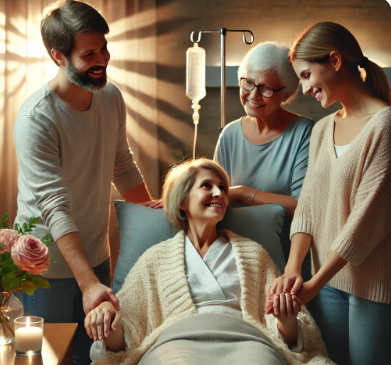 호스피스병실에서 환자와 가족이 따뜻한 미소로 대화하는 모습