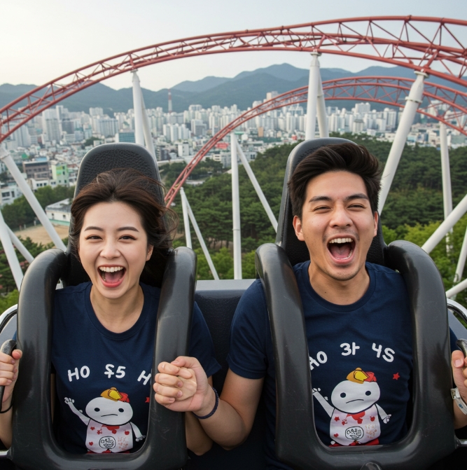 연인이 놀이공원에서 놀이기구를 타는 이미지