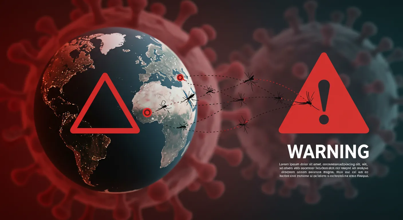 "기후 변화로 인해 전 세계로 확산하는 모기 매개 감염병의 위험을 나타내는 경고 이미지"