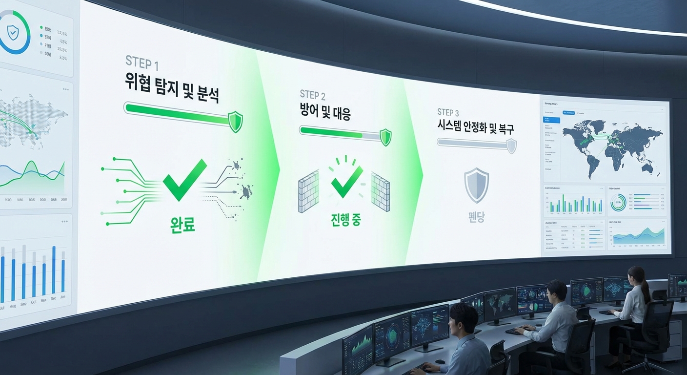 자산 식별부터 솔루션 선정, 단계적 배포까지 이어지는 AI 보안 시스템 구축 3단계 로드맵 인포그래픽