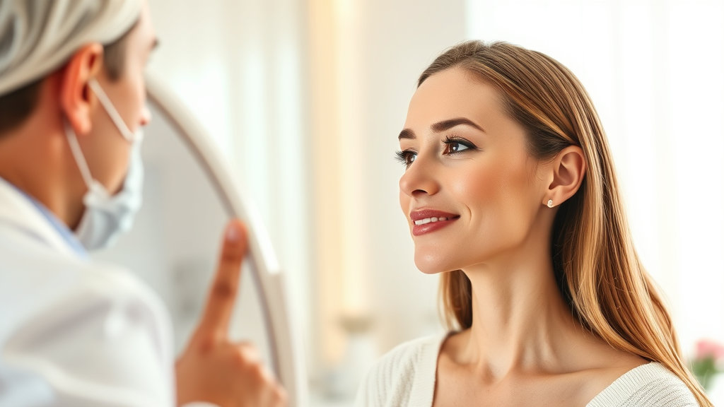 한 여성이 안면홍조로 피부과 방문하여 의사와 상담하고 있는 모습.