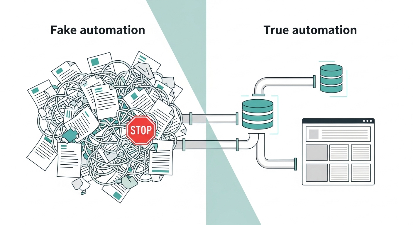 가짜 자동화(스팸 콘텐츠)와 진짜 자동화(데이터 관리)의 차이를 시각적으로 보여주는 이미지.
