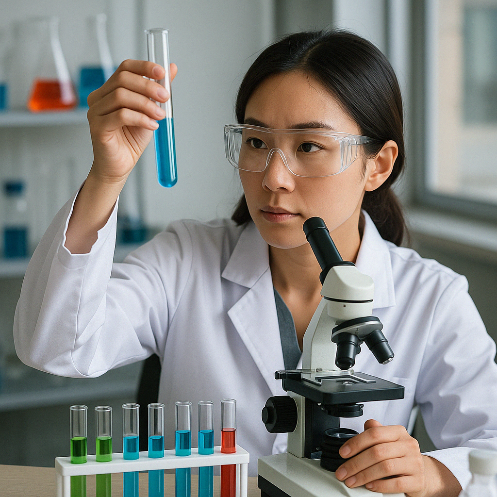 실험실에서 파란 용액이 담긴 시험관을 들여다보며 약물 연구를 진행 중인 여성 과학자