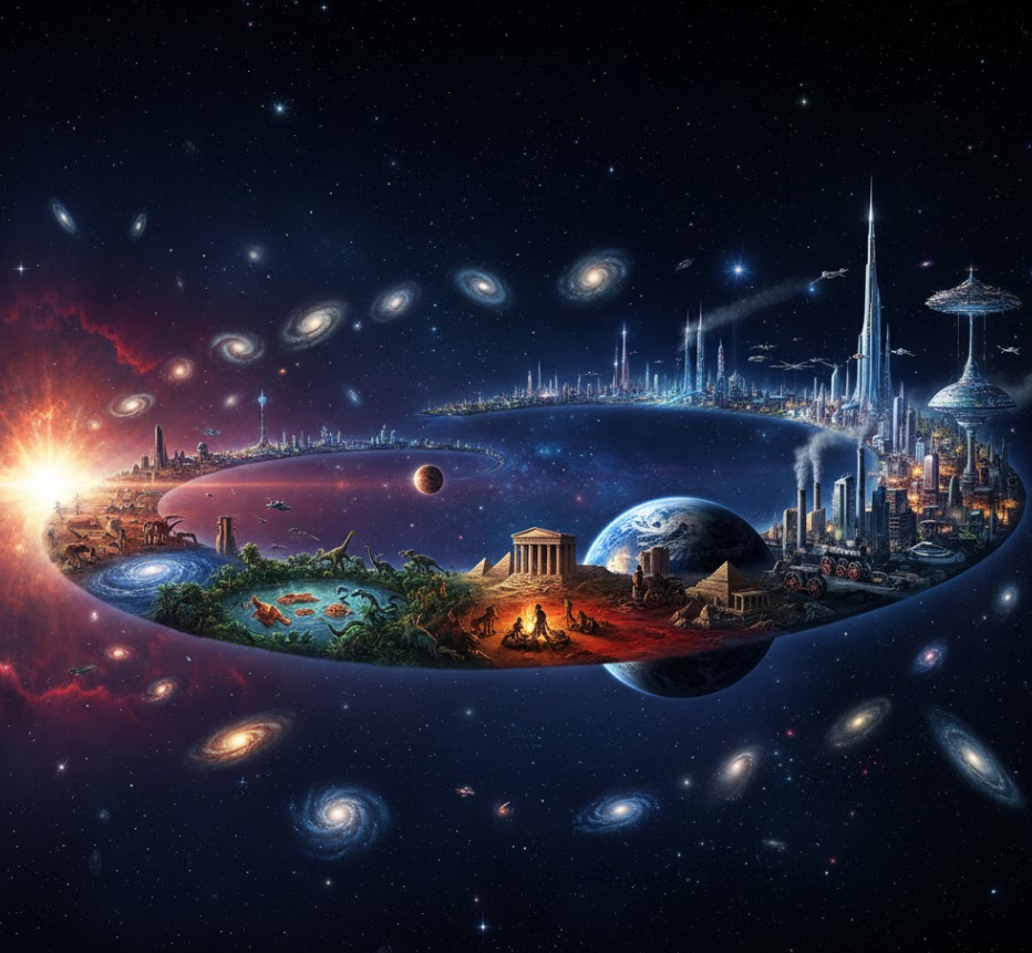 빅뱅의 폭발적인 시작부터 별의 탄생, 생명의 진화, 그리고 현대 인류 문명의 발전까지 138억 년의 우주 빅 히스토리를 하나의 원형 타임라인으로 시각화한 대작 일러스트