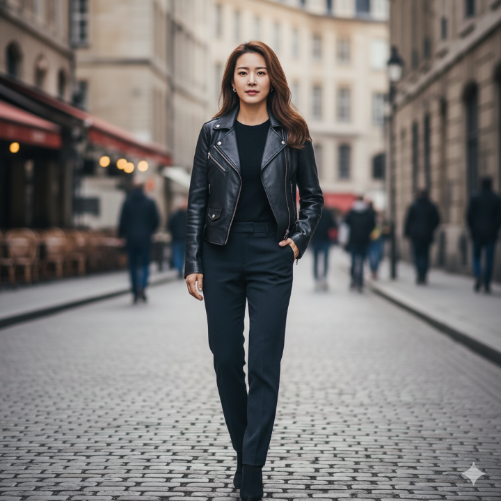 블랙 라이더 자켓을 입고 시크한 포즈를 취하고 있는 40대 여성