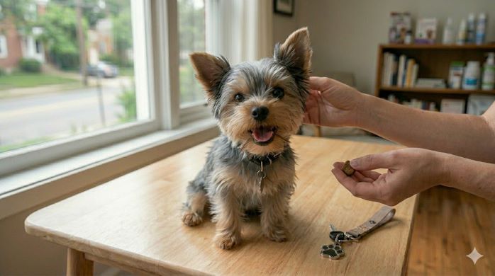 칭찬을 받고 기분이 좋아진 요크셔테리어 사진