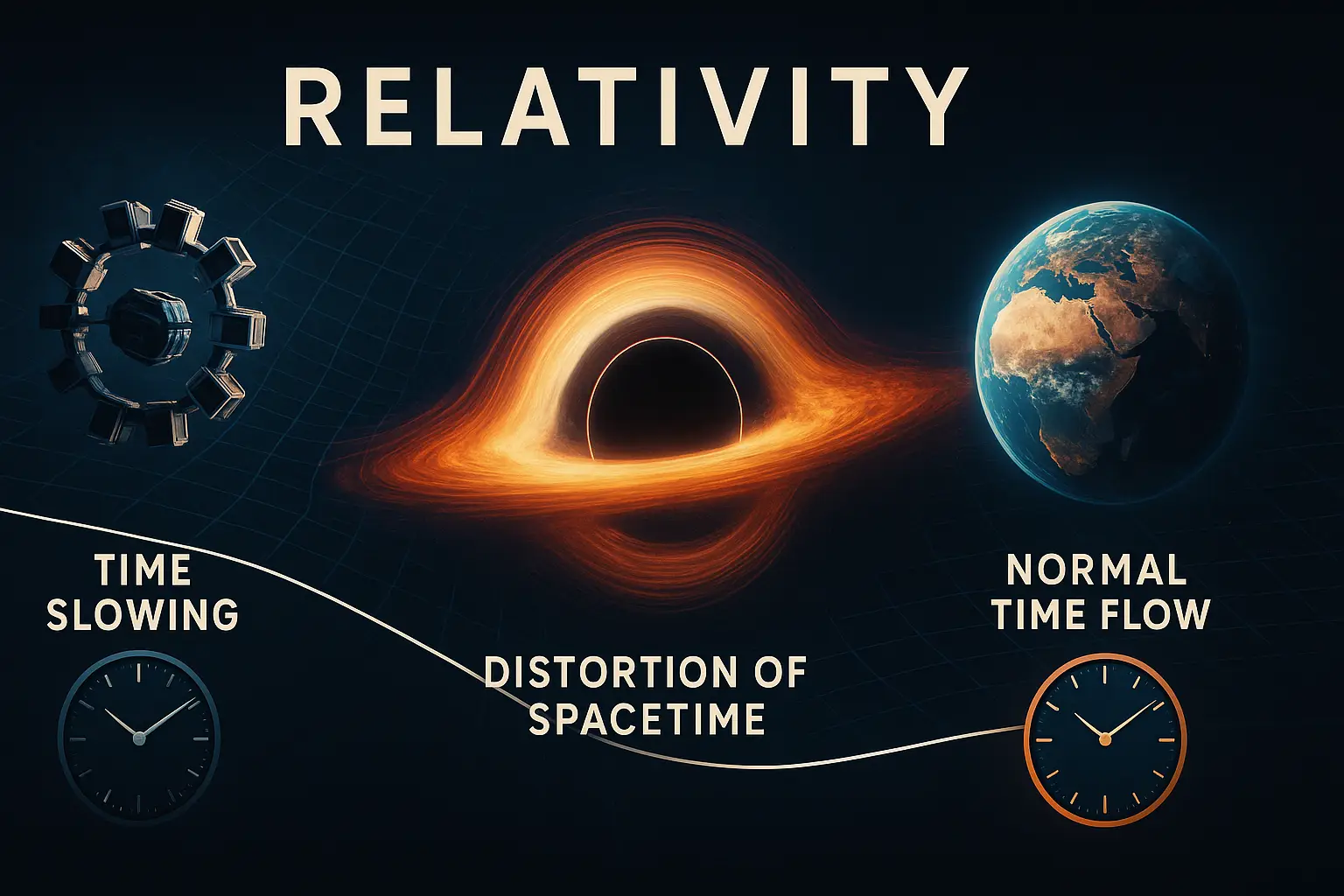 상대성이론 ( 시간지연, 시공간왜곡 ) 을 형상화한 이미지