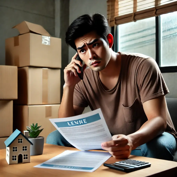 전세사기 피해로 걱정하는 30대 동양인 남성이 임대 서류를 들고 앉아 있는 모습