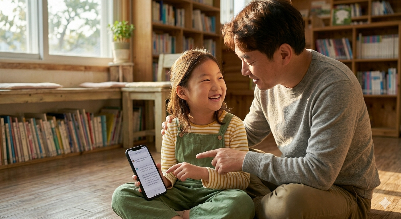 거실에서 아빠와 함께 챗GPT에게 질문을 던지며 즐거워하는 아이를 AI이미지로 재구성함