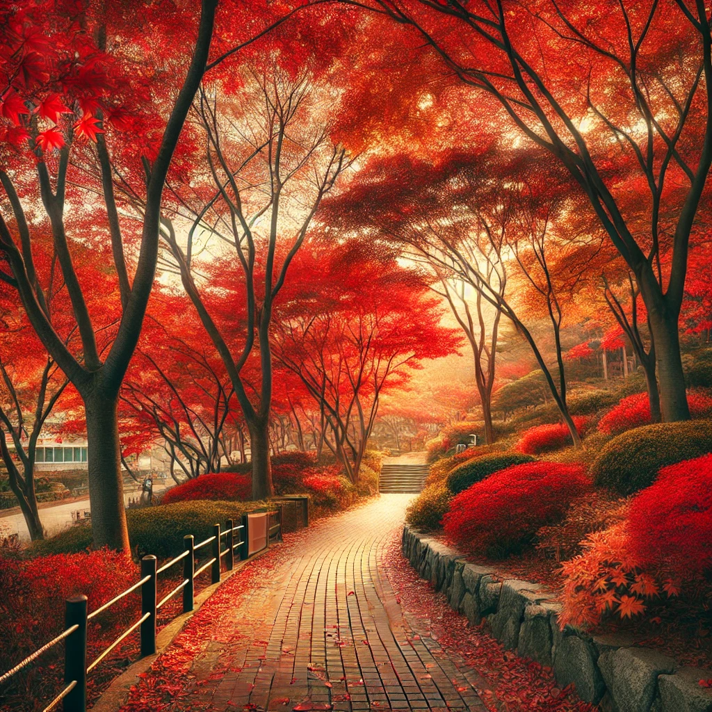 부산의 가을 단풍, 고요한 산책로와 떨어진 낙엽이 어우러진 풍경